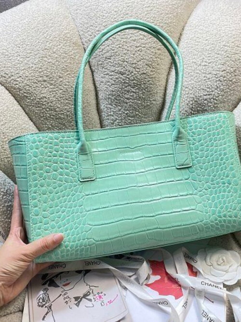 Chanel Mint Green Crocodile Embossed Tote Bag Gold CC Hardware